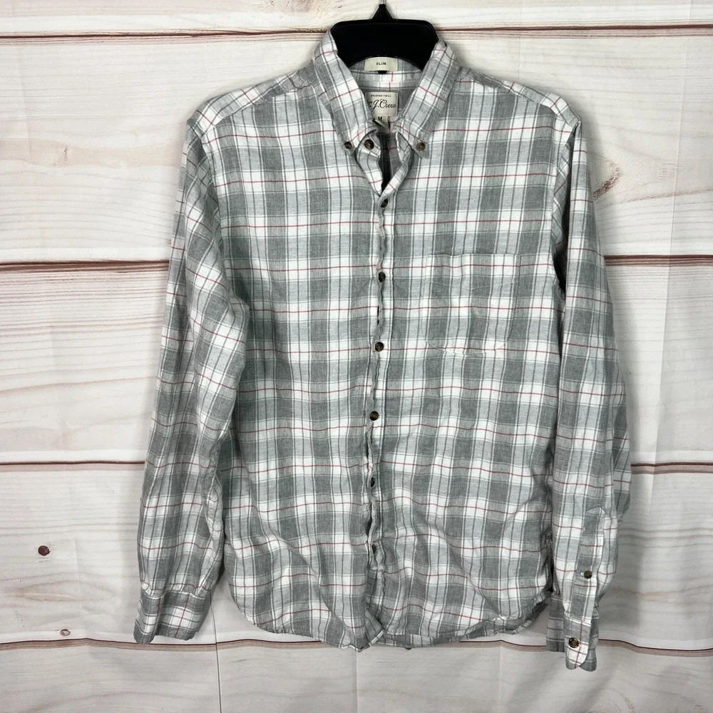 J Crew Shirt Mens M Gray Brushed Twill Button Up Cotton Plaid Slim Fit Cotton